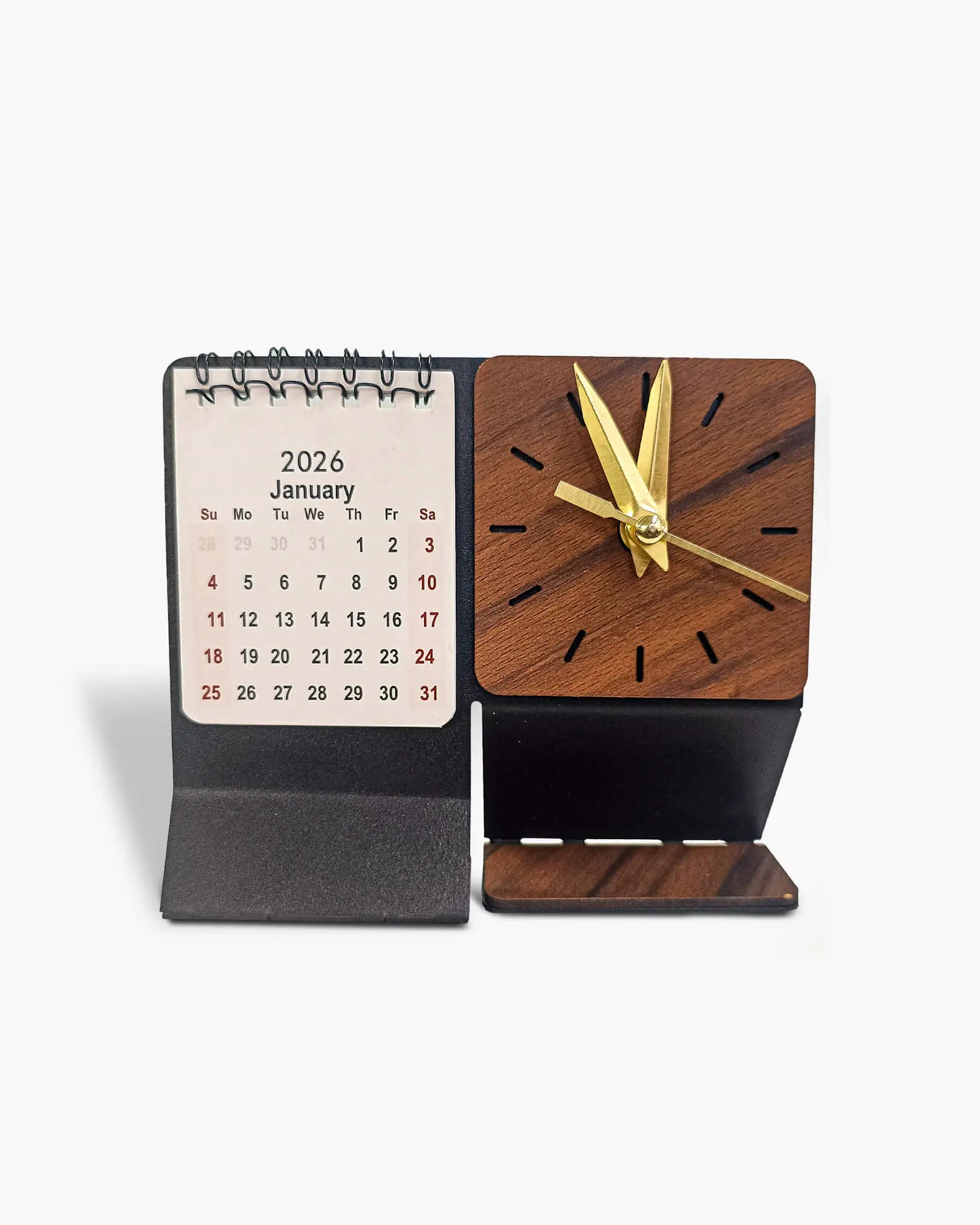 ChronoWood 2026 – Metal Desk Calendar with Wooden Clock