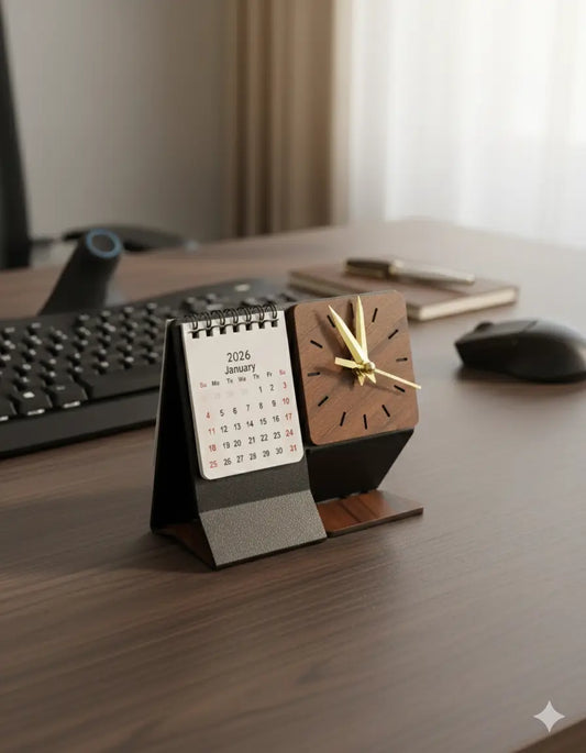 ChronoWood 2026 – Metal Desk Calendar with Wooden Clock